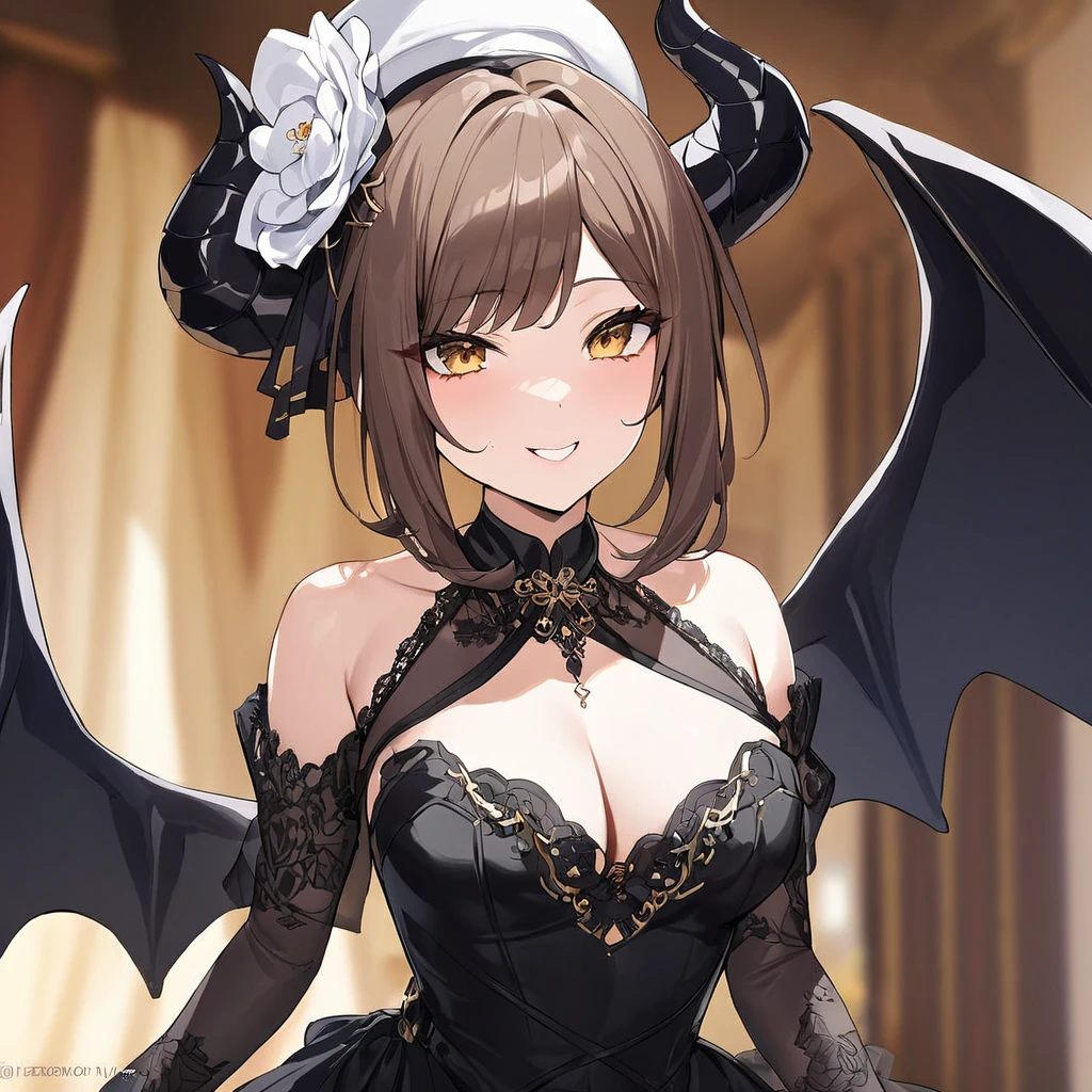 ((Highest quality)), ((masterpiece)), (detailed), （Perfect Face）、The woman is the Devil Queen Liza, a female demon wearing a luxurious black wedding dress decorated with gold.、The woman is a female demon with magnificent devil horns, jet black devil wings, and a jet black tail. She is looking at the camera with a happy expression, a demon named Liza, with short brown hair, a white hat, and the expression of a girl in love.、The woman is Liza