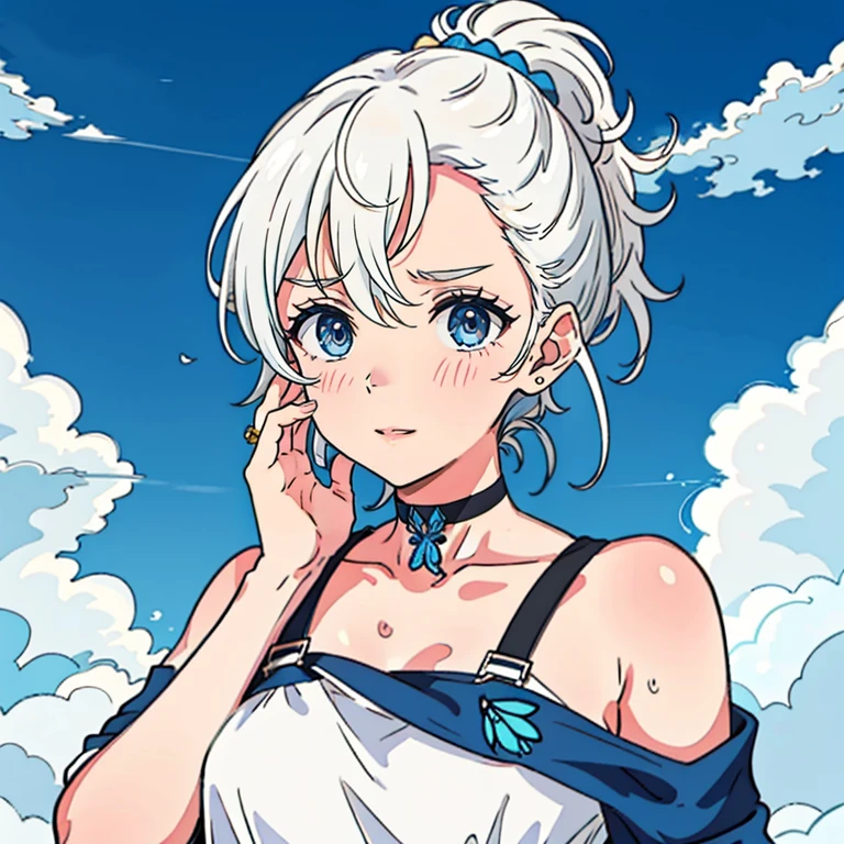 1 ,Blue Pupil,toenails,hand on own face,White hair,sky blue eyes,(blush:1.1),choker,blue sky,lesbian full body，shivering,sweat,Gotas de sweat,dream magical,(speed line:1.1),medium breasts, ((rough breathing:1.3)), cure, butterfly earrings, top cut, pleasure, loud and cold，high quality 4k