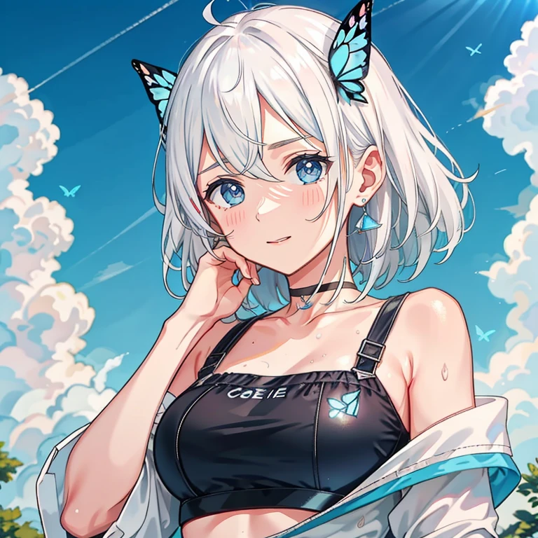 1 ,Blue Pupil,toenails,hand on own face,White hair,sky blue eyes,(blush:1.1),choker,blue sky,lesbian full body，shivering,sweat,Gotas de sweat,dream magical,(speed line:1.1),medium breasts, ((rough breathing:1.3)), cure, butterfly earrings, top cut, pleasure, loud and cold，high quality 4k