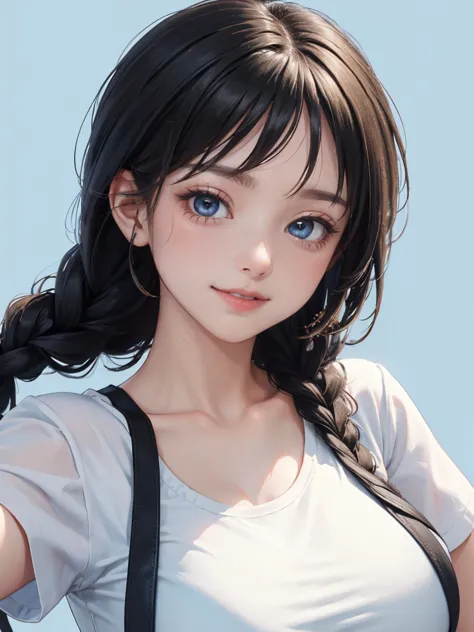 detailed eyes , huge breasts , round braided hairstyle , portrait , white t-shirt ,sky blue background , black hair , smile , bl...