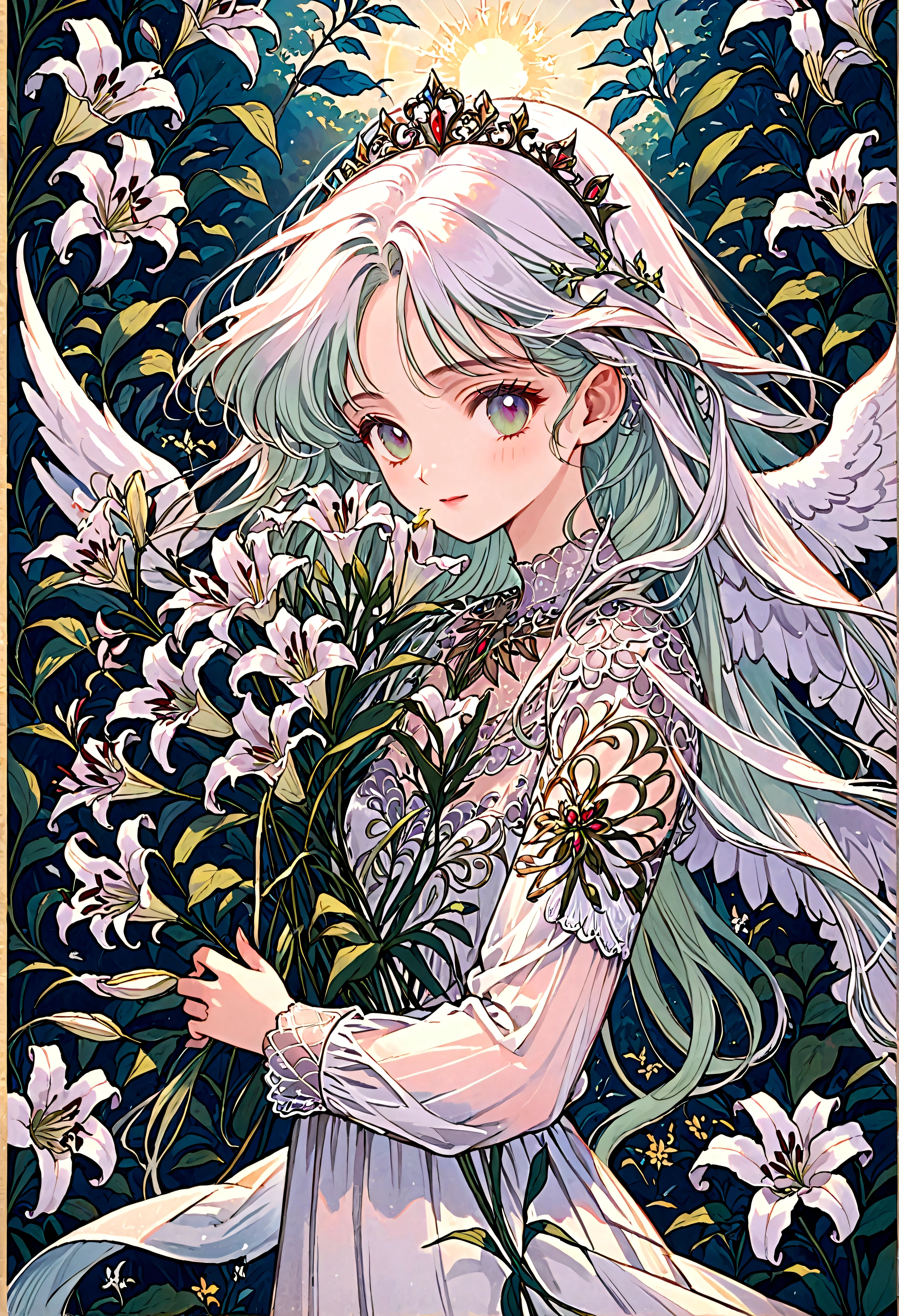 high quality，masterpiece，Delicate features，Delicate hair，Delicate eyes，Delicate hair，Holding a bouquet of lilies, Dreamy Style, Wonderful gardens, Fantasy style clothing, romantic dress, Beautiful angel queen and graceful, Beautiful fantasy, Fantasy art style, Beautiful fantasy, Lily Queen Faye, Anime Art Nouveau, Forest Goddess, Portrait of the Queen of Angels, Beautiful art illustration，8Khigh qualityの緻密なアート（Delicate features 細い髪の表現 最high quality masterpiece masterpiece 完成度の高さ 雰囲気感 壁紙，masterpiece，最high quality，Very detailed、Smiling Angel、Full of heart、wings grow from the back,、Long eyelashes、smile