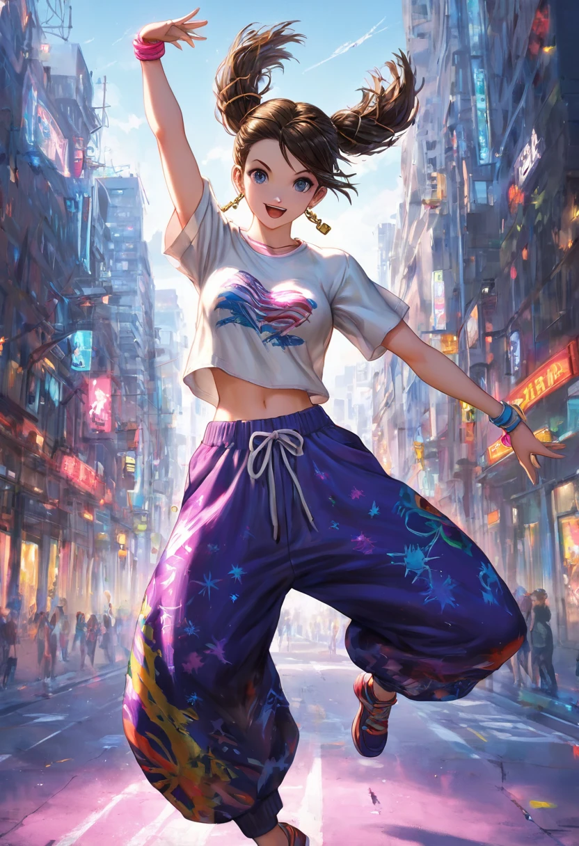 Cute anime girl with dynamic pop movements. Lock and pop your body with sharp, precise movements. Dancers in oversized t-shirts and baggy pants, jumping dance poses, urban street style, loose clothing, bright colors, dynamic movements, street dance background, background futuristic with neon lights A cityscape. High quality illustrations, vibrant colors and detailed fabric textures. Colorful illustrations, highly detailed, high resolution, digital painting style, natural light, masterpiece, high resolution, octane rendering style, surreal. 3Dart