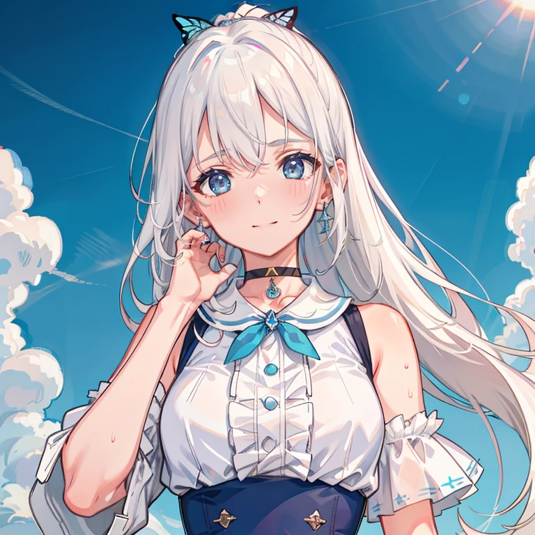 1 ,Blue Pupil,toenails,hand on own face,White hair,sky blue eyes,(blush:1.1),choker,blue sky,lesbian full body，shivering,sweat,Gotas de sweat,dream magical,(speed line:1.1),medium breasts, ((rough breathing:1.3)), cure, butterfly earrings, top cut, pleasure, loud and cold，high quality 4k