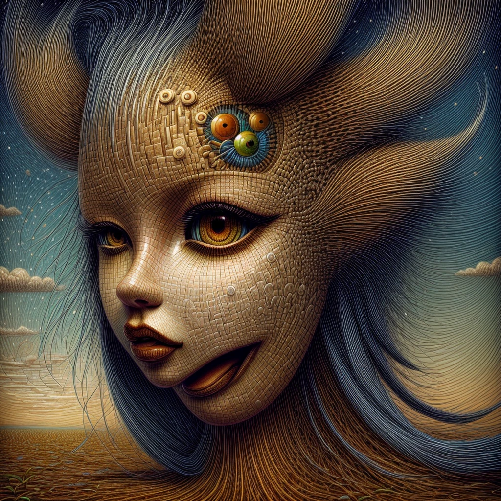 Naoto Hattoris Gemälde zeigt eine Frau, Surrealismus Kunst, sehr detailliert, surrealistischer Fantasy-Hintergrund, Stil von Naoto Hattori, AIDA_NH_Menschen
