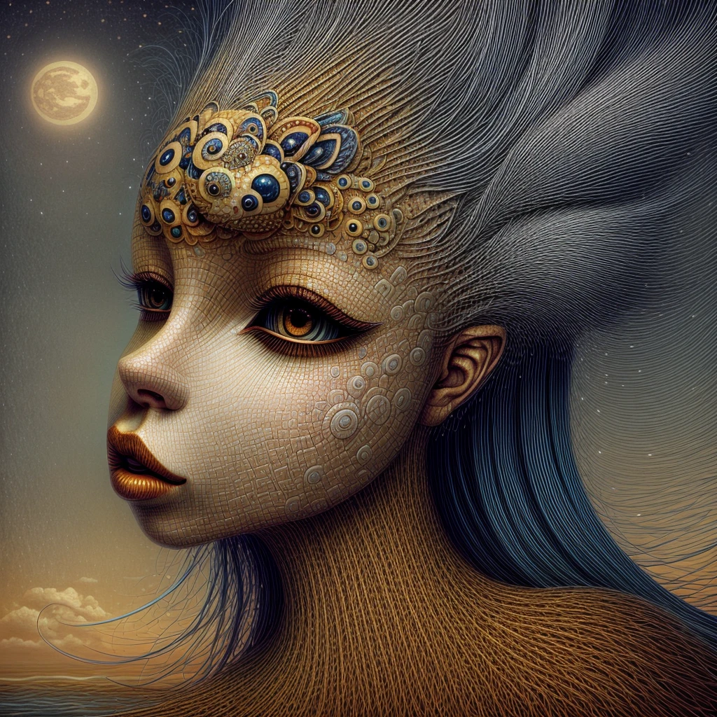 ภาพวาดของ Naoto Hattori ที่แสดงให้เห็นผู้หญิง, ศิลปะสถิตยศาสตร์, มีรายละเอียดสูง, พื้นหลังแฟนตาซีเหนือจริง, สไตล์ของ Naoto Hattori, ไอด้า_เอ็นเอช_มนุษย์
