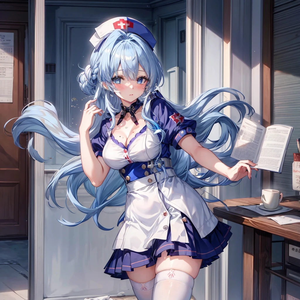 ((Highest quality)), ((masterpiece)), ((detailed)), (4K), 1girl, breasts, 独奏, nurse, nurse cap, cleavage, hat, large breasts, thighhighs, mole, blush, long hair, mole under eye, looking at viewer, hospital, white thighhighs, blue hair, collarbone