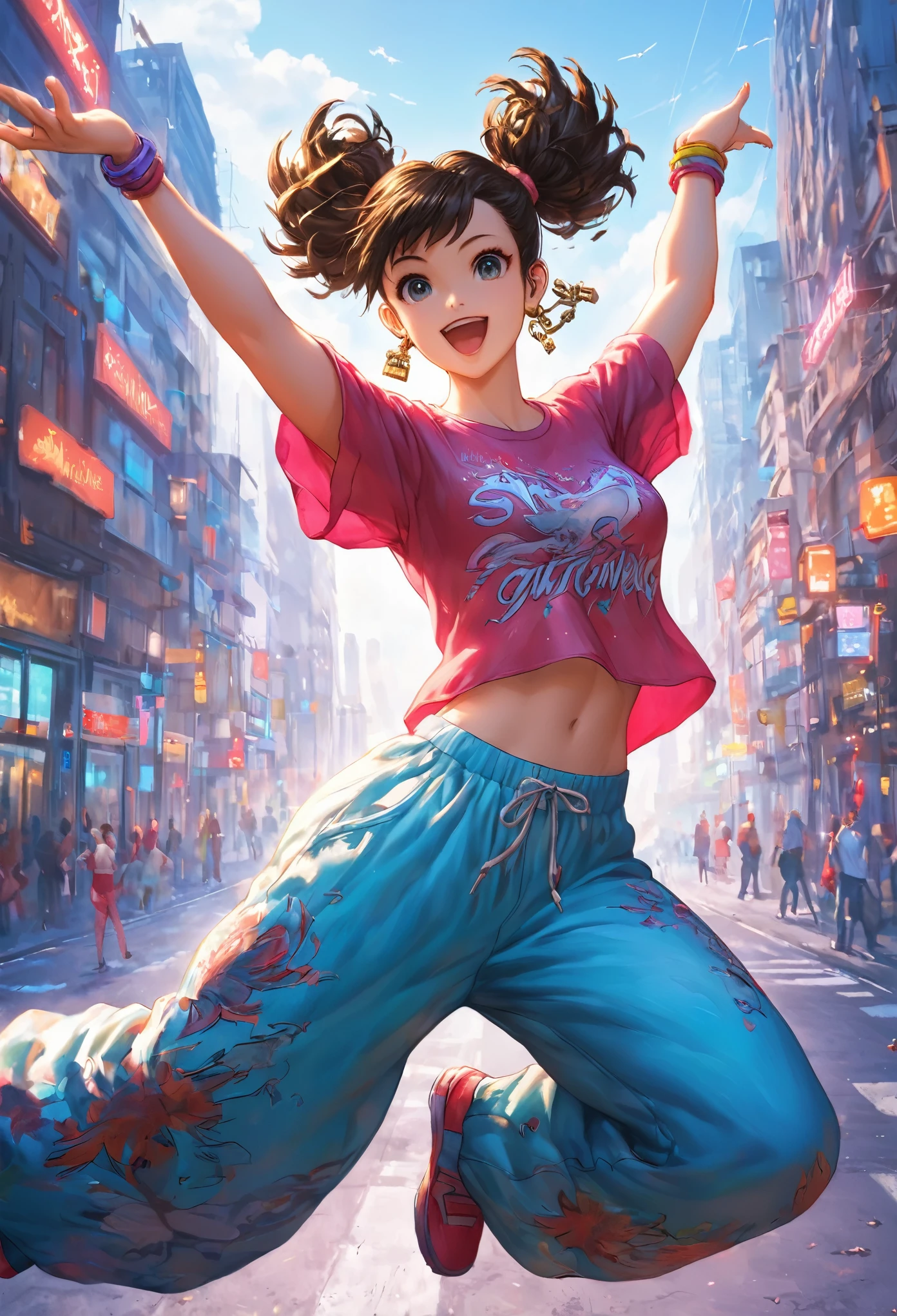 Cute anime girl with dynamic pop movements. Lock and pop your body with sharp, precise movements. Dancers in oversized t-shirts and baggy pants, jumping dance poses, urban street style, loose clothing, bright colors, dynamic movements, street dance background, background futuristic with neon lights A cityscape. High quality illustrations, vibrant colors and detailed fabric textures. Colorful illustrations, highly detailed, high resolution, digital painting style, natural light, masterpiece, high resolution, octane rendering style, surreal. 3Dart