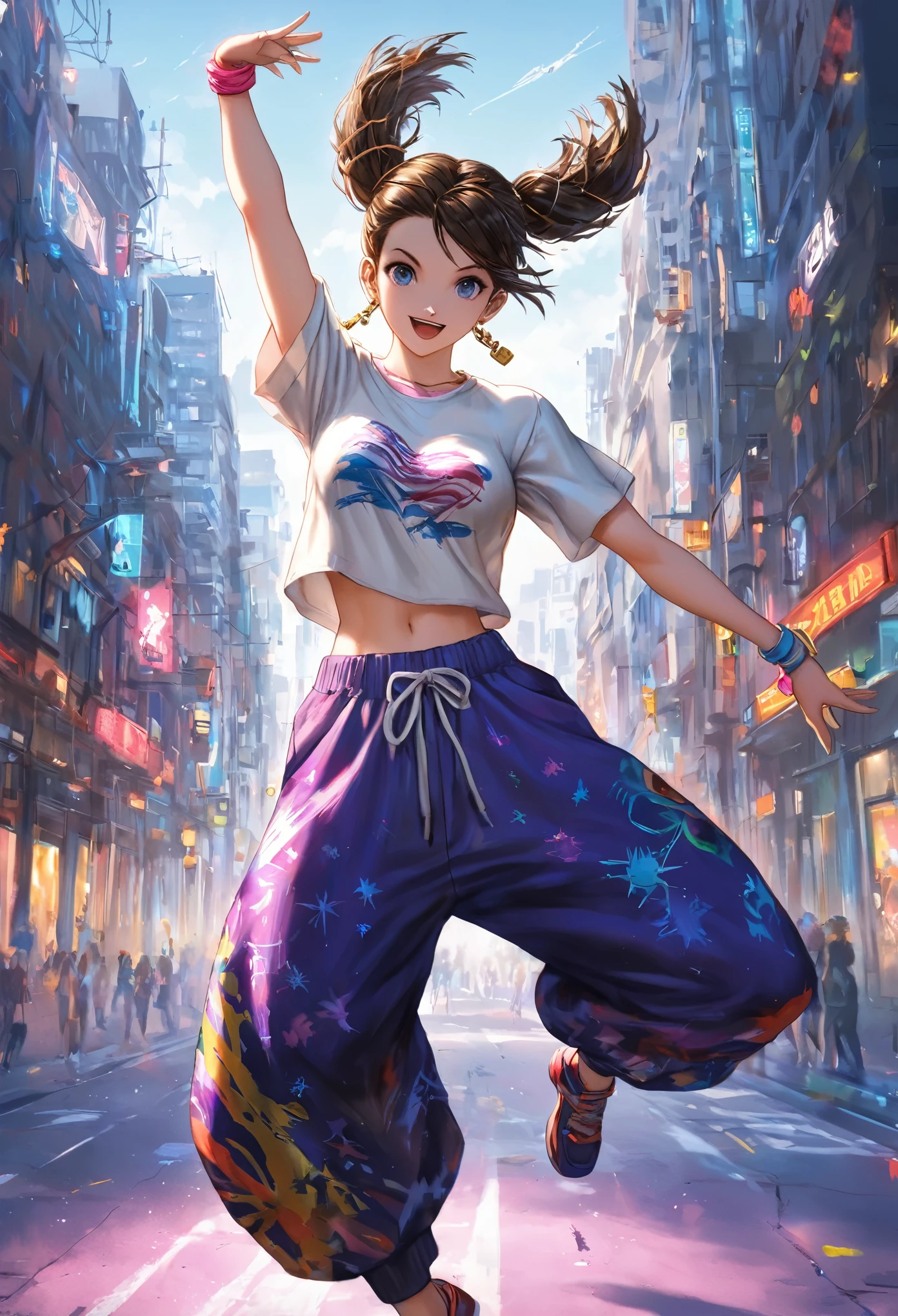 Linda garota de anime com movimentos pop dinâmicos. Bloqueie e estale seu corpo com força, movimentos precisos. Dançarinos em camisetas grandes e calças largas, poses de dança pulando, Estilo de rua urbano, Roupa larga, cores brilhantes, movimentos dinâmicos, Fundo de dança de rua, fundo futurista com luzes de néon Uma paisagem urbana. Ilustrações de alta qualidade, cores vibrantes e texturas de tecido detalhadas. Ilustrações coloridas, Altamente detalhado, Alta resolução, estilo de pintura digital, Luz natural, obra de arte, Alta resolução, estilo de renderização de octanas, Surreal. 3Dart