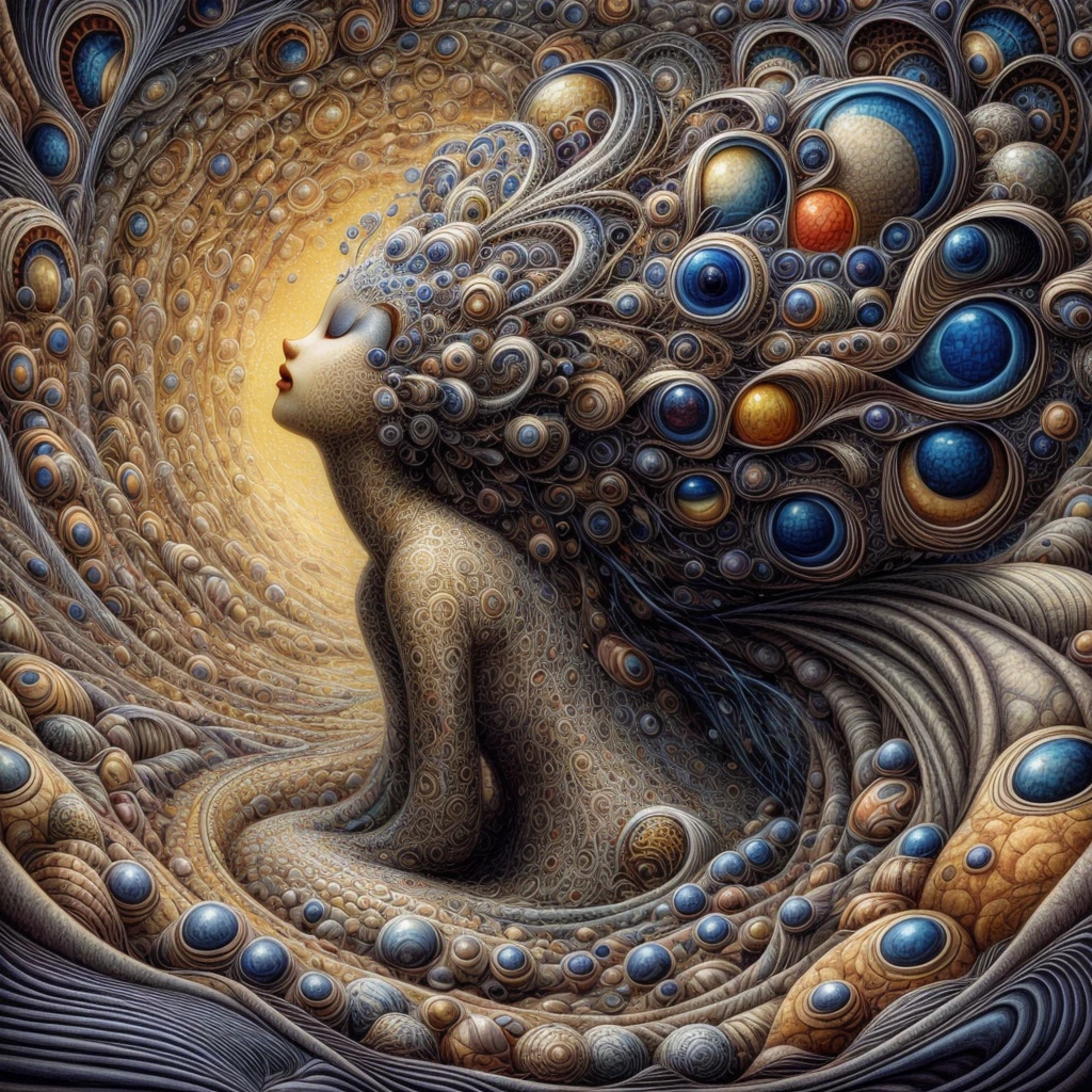 Naoto Hattori's painting depicting a woman, surrealism art, highly detailed, surrealistic fantasy background, style of Naoto Hattori, AIDA_NH_humans
