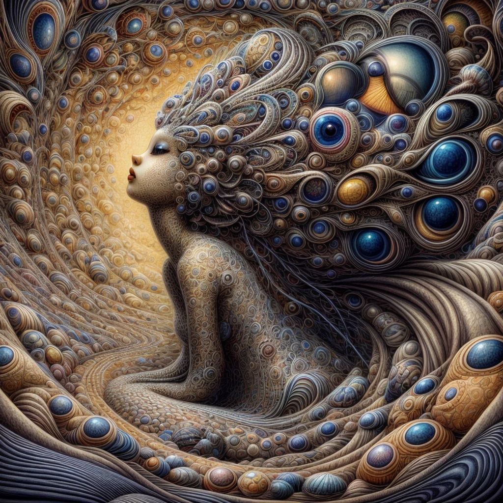 Naoto Hattoris Gemälde zeigt eine Frau, Surrealismus Kunst, sehr detailliert, surrealistischer Fantasy-Hintergrund, Stil von Naoto Hattori, AIDA_NH_Menschen
