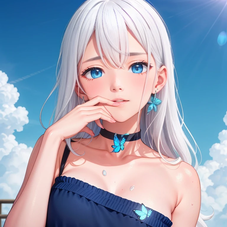 1 ,Blue Pupil,toenails,hand on own face,White hair,sky blue eyes,(blush:1.1),choker,blue sky,lesbian full body，shivering,sweat,Gotas de sweat,dream magical,(speed line:1.1),medium breasts, ((rough breathing:1.3)), cure, butterfly earrings, top cut, pleasure, loud and cold，high quality 4k