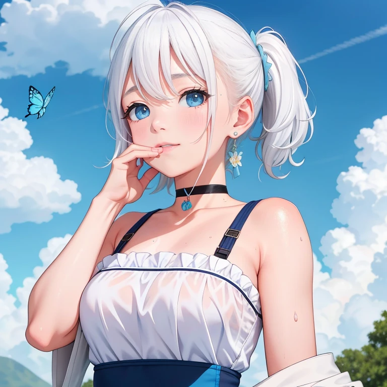 1 ,Blue Pupil,toenails,hand on own face,White hair,sky blue eyes,(blush:1.1),choker,blue sky,lesbian full body，shivering,sweat,Gotas de sweat,dream magical,(speed line:1.1),medium breasts, ((rough breathing:1.3)), cure, butterfly earrings, top cut, pleasure, loud and cold，high quality 4k