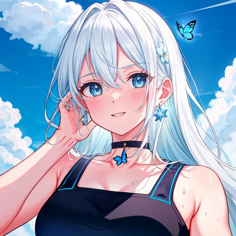 1 ,Blue Pupil,toenails,hand on own face,White hair,sky blue eyes,(blush:1.1),choker,blue sky,lesbian full body，shivering,sweat,Gotas de sweat,dream magical,(speed line:1.1),medium breasts, ((rough breathing:1.3)), cure, butterfly earrings, top cut, pleasure, loud and cold，high quality 4k