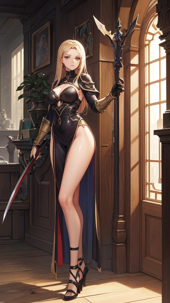 (masterpiece, 4K ,Super detailed:1.2), (anime:1), (Perfect quality), The whole body is shown, View Viewer, Holding a longsword, Desperate look, Muscular and ultra violent women, Powerfully々And, RPG concept art character, Gauntlet, Elegant appearance