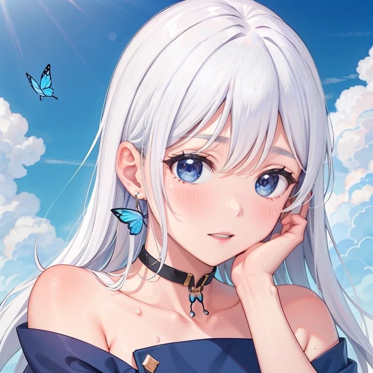 1 ,Blue Pupil,toenails,hand on own face,White hair,sky blue eyes,(blush:1.1),choker,blue sky,lesbian full body，shivering,sweat,Gotas de sweat,dream magical,(speed line:1.1),medium breasts, ((rough breathing:1.3)), cure, butterfly earrings, top cut, pleasure, loud and cold，high quality 4k