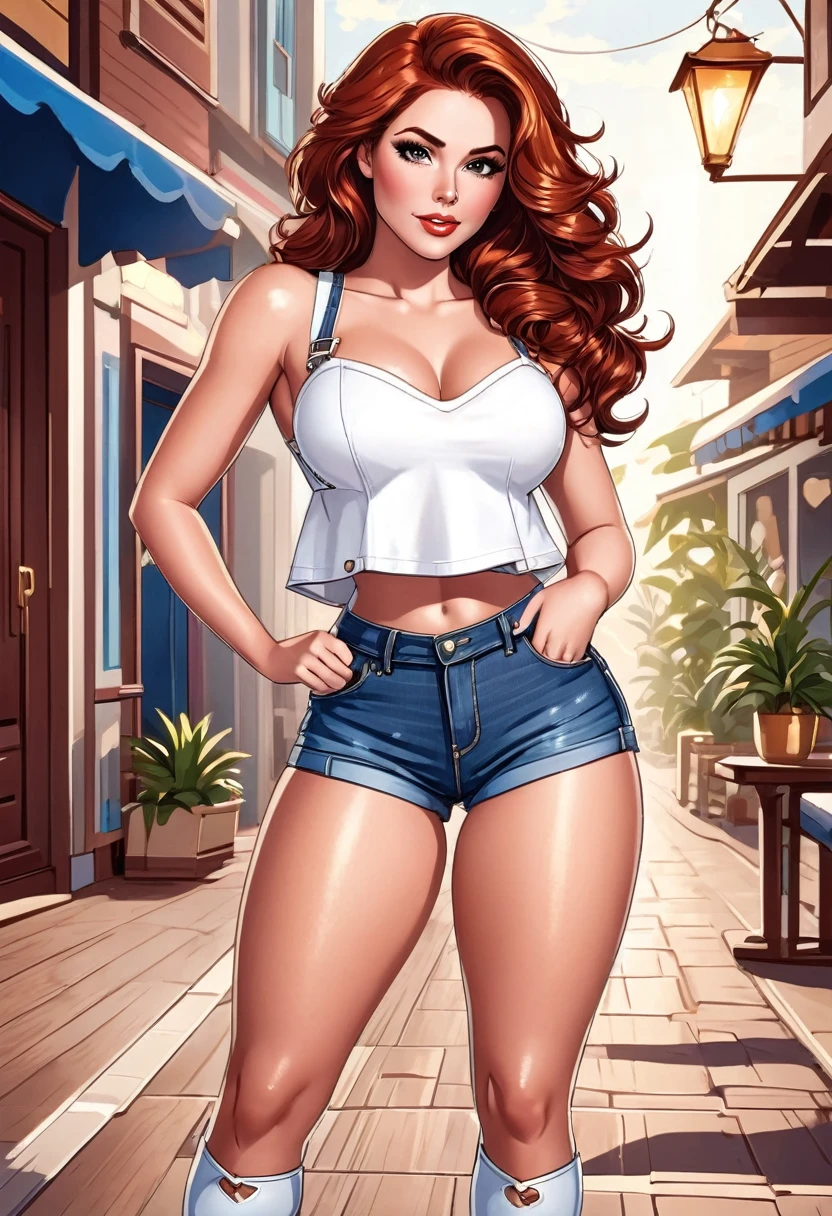 ((bester Qualitäter)) schöne Frau in Jeans-Shorts und weißem bauchfreiem Top posiert für ein Foto, Beauty-Shot-Jeans , Umgekehrtes Dreieck Körpertyp, Bela , Ganzkörperfrau, Jeansshorts tragen, beautiful Charmante Frau, welliges rotes Haar, honigbraune Augen, Sanduhr-Figur, Cartoon-Vektor-Stil, Pin-up-Körper, Breite Hüften, üppige Frau, Charmante Frau