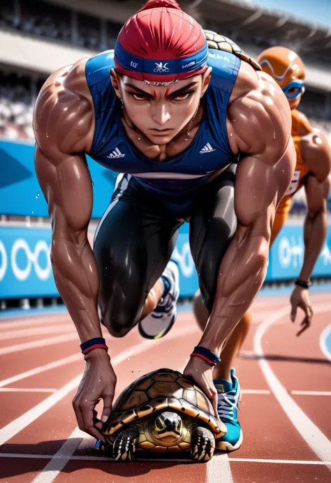 a close up shot on a ((anthmorph turtle: 1.5)) sprinter in a running lane getting ready to sprint in the Olympics, tense look, g...