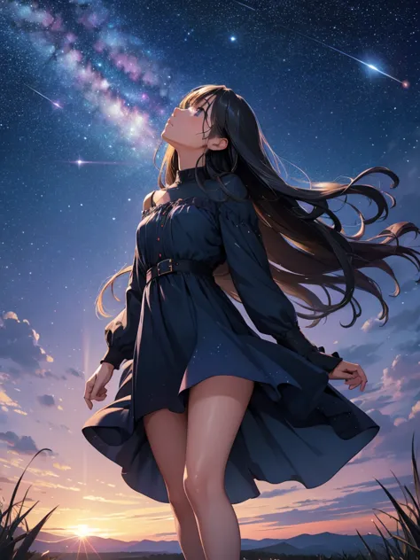 a beautiful woman, looking up at the sky, long hair, wearing a knee-length dress, fluttering in the breeze, before dawn, starry ...