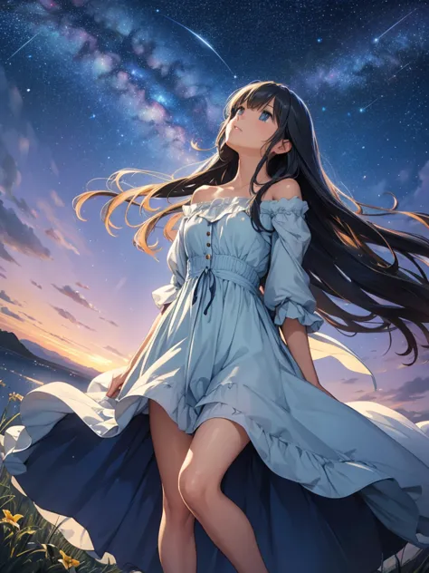 a beautiful woman, looking up at the sky, long hair, wearing a knee-length dress, fluttering in the breeze, before dawn, starry ...