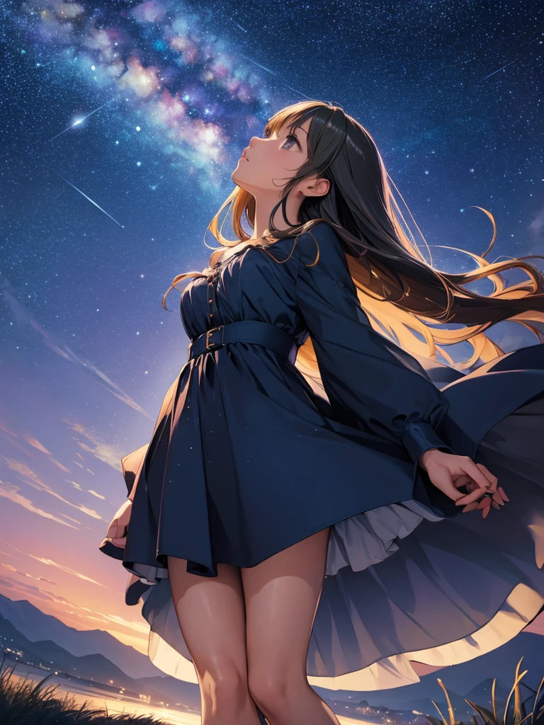 a beautiful woman, looking up at the sky, long hair, wearing a knee-length dress, fluttering in the breeze, before dawn, starry skies, The Big Dipper shines, spectacular views