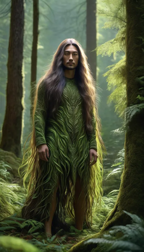 Panorama，There is a creature in the forest，Human-like appearance，Covered with long hair（best quality，4K，8K，High level，masterpiec...