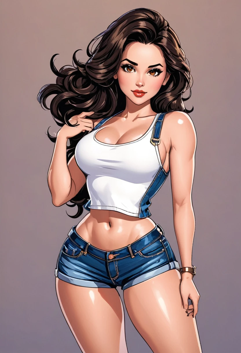 ((best qualityer)) beautiful woman in denim shorts and white tank top posing for a photo, beauty shot jeans , inverted triangle body type, Bela , mulher de corpo inteiro, wearing denim shorts, beautiful charming woman, wavy black hair, honey brown eyes, hourglass figure, cartoon vector style, corpo pin-up, Broad Hips, voluptuous woman, charming woman