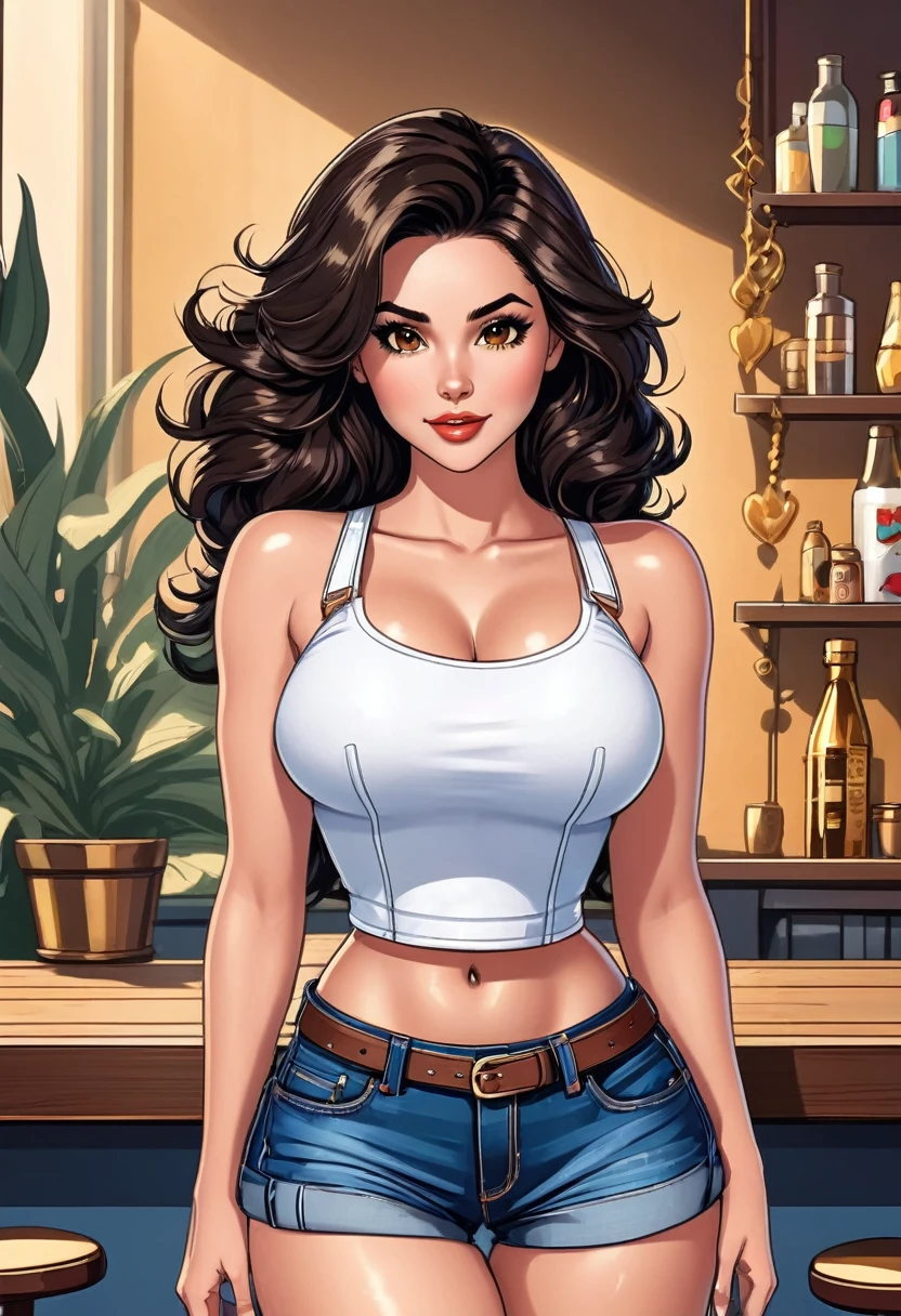 ((melhor qualidader)) mulher bonita em shorts jeans e camiseta branca posando para uma foto, foto de beleza jeans , tipo de corpo triângulo invertido, Bela , mulher de corpo inteiro, vestindo shorts jeans, beautiful mulher encantadora, cabelo preto ondulado, olhos castanhos mel, figura de ampulheta, estilo de vetor de desenho animado, corpo pin-up, Quadris largos, Mulher voluptuosa, mulher encantadora