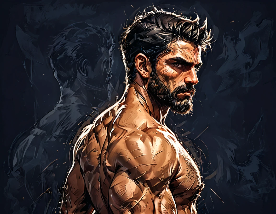 dark blue background,
Man from the back, Adult, Italian, Mesomorph Muscular body, perfect Olive skin, short Muscular neck, Rectangle faces, broad Muscular shoulders, Attached  Cupped Symmetrical Ears,  black short combed back hair, Fleshy nose, Bold Tapered black Eyebrows,  triangular Chin, brown Upturned eyes, Thin nude Lips, Designer Stubble black whiskers, triangular black hair beard, big muscles,       graphic style of novel comics, 2d, 8k, hyperrealism, masterpiece, high resolution, best quality, ultra-detailed, super realistic, Hyperrealistic art, high-quality, ultra high res, highest detailed, lot of details, Extremely high-resolution details, incredibly lifelike, colourful, soft cinematic light,