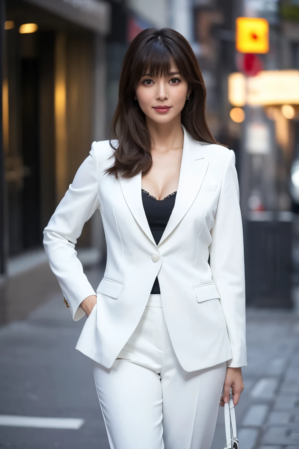 Highest quality, masterpiece, High resolution, Photorealistic, RAW Photos, 8k wallpaper, perfection, Professional Lighting, Very detailed, ((One beautiful woman)), Age 25, ((Elegant white suit)), Shapely breasts, Cleavage, Full Body Shot, White high heels, ((Looking at the camera)), Detailed face, Beautiful Eyes, ((Look forward)), Stand with good posture on a busy street, bangs, Straight Hair, Plump and glossy lips
