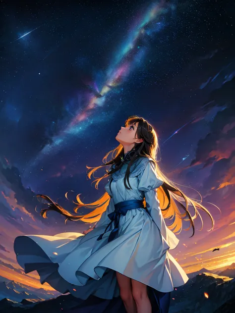 a beautiful woman, looking up at the sky, long hair, wearing a knee-length dress, fluttering in the breeze, before dawn, starry ...