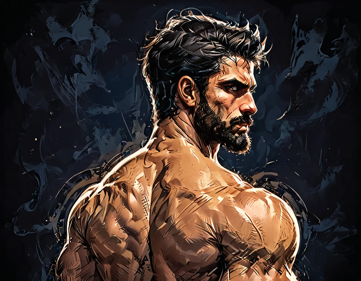 dark blue background, ((back view)),  close-up,
((Man from the back)), Adult, Italian, Mesomorph Muscular body, perfect Olive skin, short Muscular neck, Rectangle faces, broad Muscular shoulders, Attached  Cupped Symmetrical Ears,  black short combed back hair, Fleshy nose, Bold Tapered black Eyebrows,  triangular Chin, brown Upturned eyes, Thin nude Lips, Designer Stubble black whiskers, triangular black hair beard, big muscles,       graphic style of novel comics, 2d, 8k, hyperrealism, masterpiece, high resolution, best quality, ultra-detailed, super realistic, Hyperrealistic art, high-quality, ultra high res, highest detailed, lot of details, Extremely high-resolution details, incredibly lifelike, colourful, soft cinematic light,