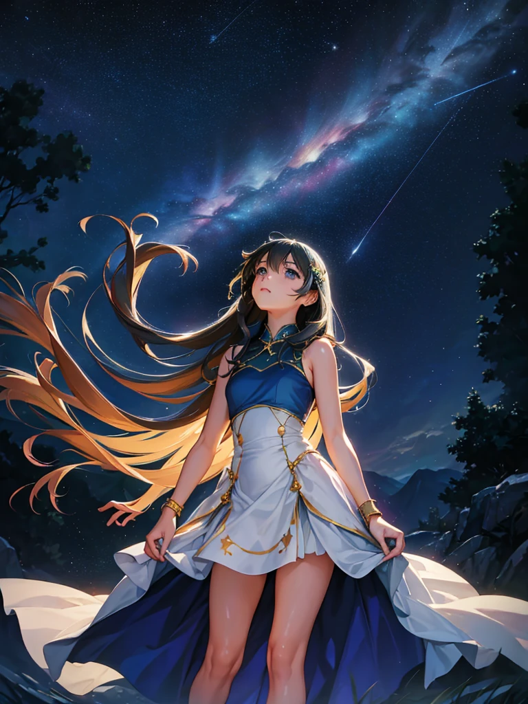 a beautiful woman, looking up at the sky, long hair, wearing a sleeveless knee-length dress, fluttering in the breeze, before dawn, starry skies, The Big Dipper shines, spectacular views