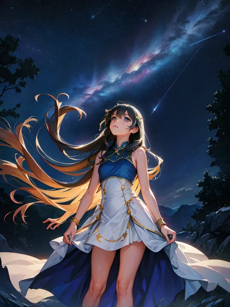 a beautiful woman, looking up at the sky, long hair, wearing a sleeveless knee-length dress, fluttering in the breeze, before da...