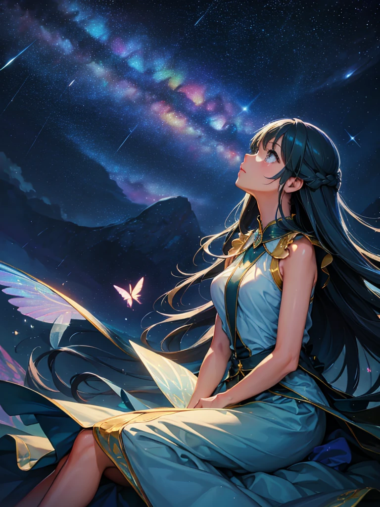 a beautiful woman, looking up at the sky, long hair, wearing a sleeveless knee-length dress, fluttering in the breeze, before dawn, starry skies, The Big Dipper shines, spectacular views