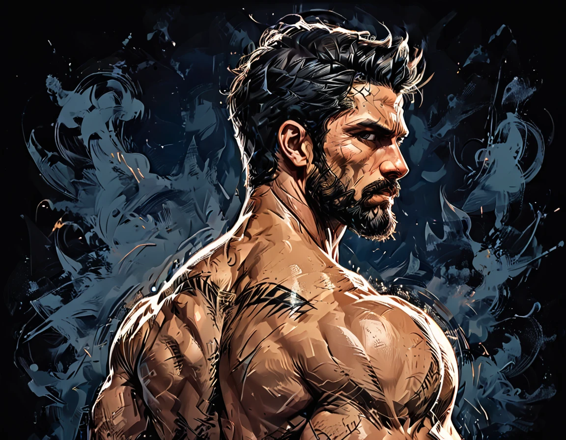 dark blue background,
Man from the back, Adult, Italian, Mesomorph Muscular body, perfect Olive skin, short Muscular neck, Rectangle faces, broad Muscular shoulders,   black short combed back hair, Designer Stubble black whiskers, triangular black hair beard, big muscles,       graphic style of novel comics, 2d, 8k, hyperrealism, masterpiece, high resolution, best quality, ultra-detailed, super realistic, Hyperrealistic art, high-quality, ultra high res, highest detailed, lot of details, Extremely high-resolution details, incredibly lifelike, colourful, soft cinematic light,