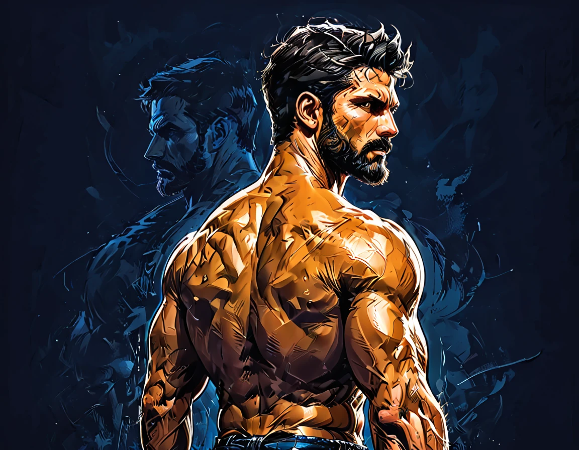 dark blue background,
Man from the back, Adult, Italian, Mesomorph Muscular body, perfect Olive skin, short Muscular neck, Rectangle faces, broad Muscular shoulders,   black short combed back hair, Designer Stubble black whiskers, triangular black hair beard, big muscles,       graphic style of novel comics, 2d, 8k, hyperrealism, masterpiece, high resolution, best quality, ultra-detailed, super realistic, Hyperrealistic art, high-quality, ultra high res, highest detailed, lot of details, Extremely high-resolution details, incredibly lifelike, colourful, soft cinematic light,