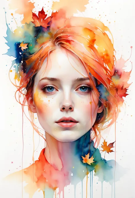 woman with agnes cecile, luminous design, soft colors, ink drops, autumn lights