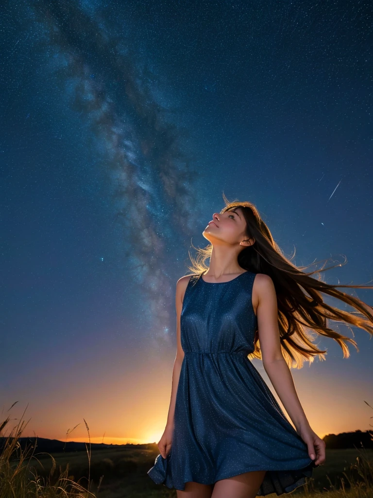 a beautiful woman, looking up at the sky, long hair, wearing a sleeveless knee-length dress, fluttering in the breeze, before dawn, starry skies, The Big Dipper shines, spectacular views