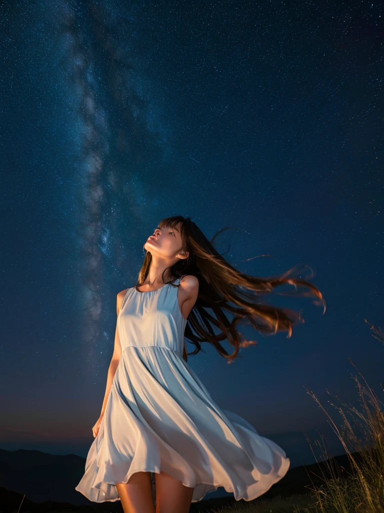 きれいな女の人, 空を見上げて, 長い髪, ノースリーブの膝丈のドレスを着ている, 風になびく, 夜明け前に, 星空, 北斗七星が輝く, 素晴らしい景色