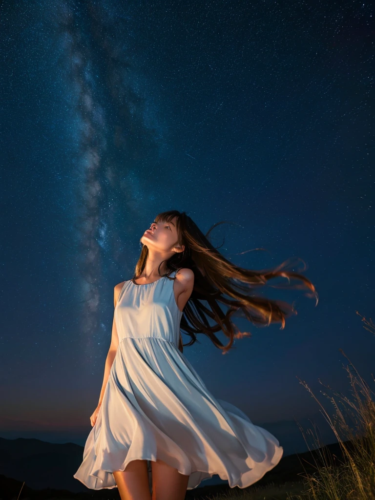 una mujer hermosa, mirando al cielo, pelo largo, usando un vestido sin mangas hasta la rodilla, Revoloteando en la brisa, Antes del amanecer, cielos estrellados, La Osa Mayor brilla, Vistas espectaculares