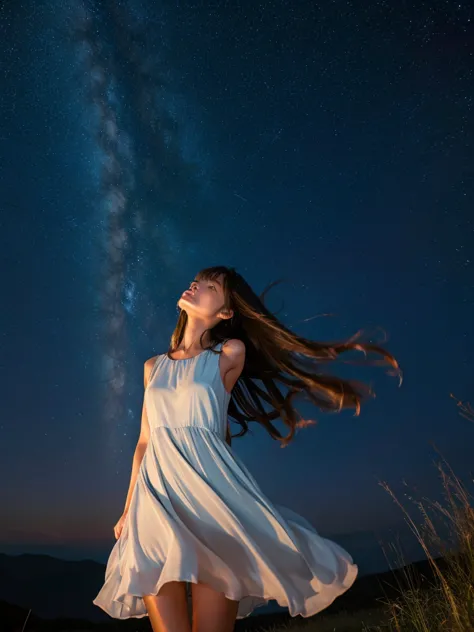 a beautiful woman, looking up at the sky, long hair, wearing a sleeveless knee-length dress, fluttering in the breeze, before da...