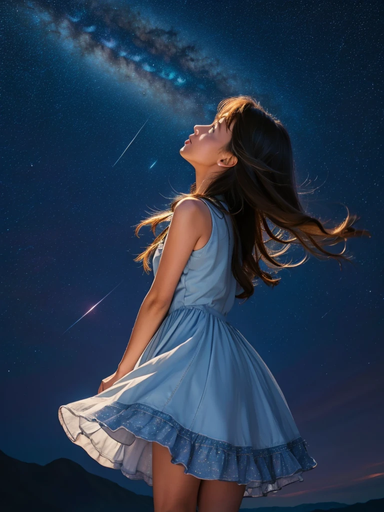 a beautiful woman, looking up at the sky, long hair, wearing a sleeveless knee-length dress, fluttering in the breeze, before dawn, starry skies, The Big Dipper shines, spectacular views