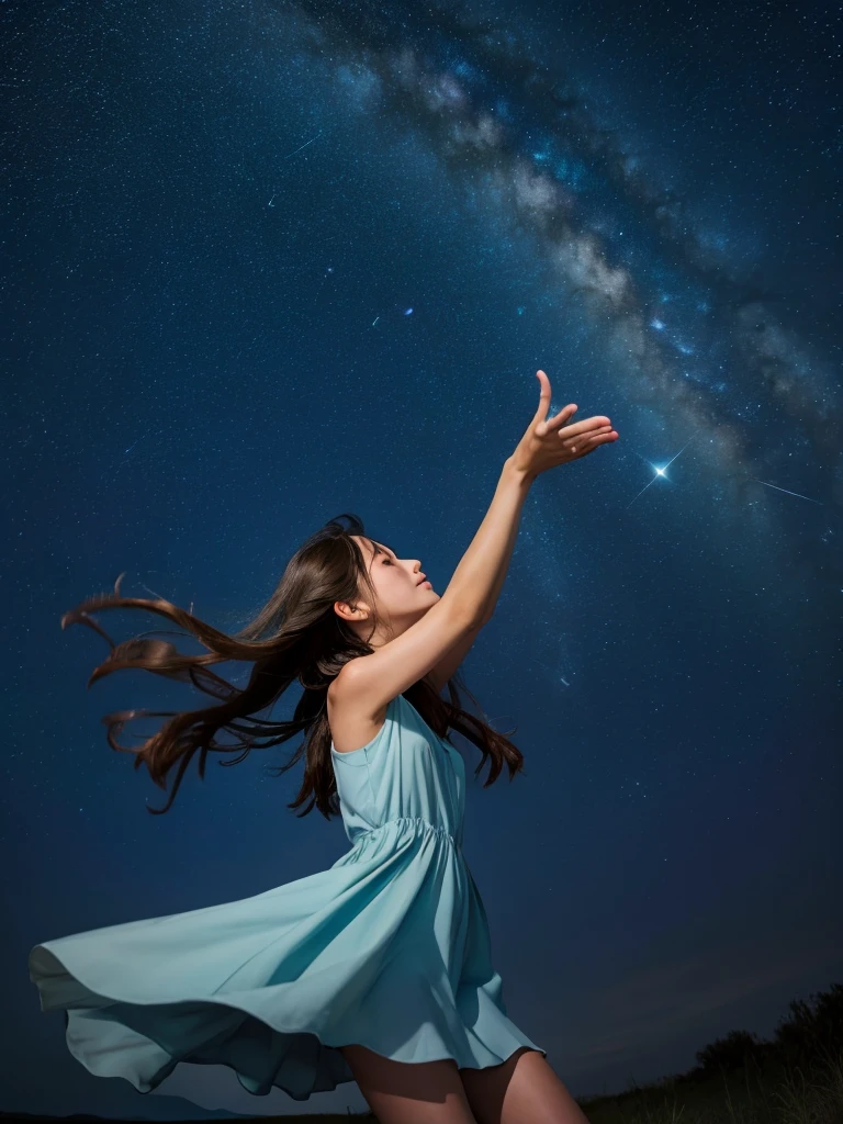 una mujer hermosa, mirando al cielo, pelo largo, usando un vestido sin mangas hasta la rodilla, Revoloteando en la brisa, Antes del amanecer, cielos estrellados, La Osa Mayor brilla, Vistas espectaculares