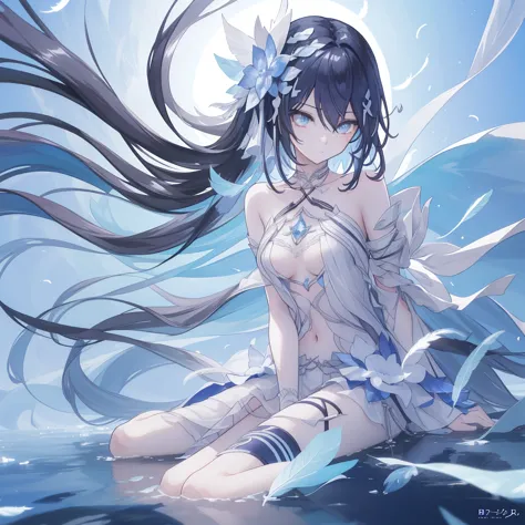 ((a long shot)) of a black haired anime teen girl, (sitting near a (river), ((strong sunlight)), cinematic light, slim body, ski...