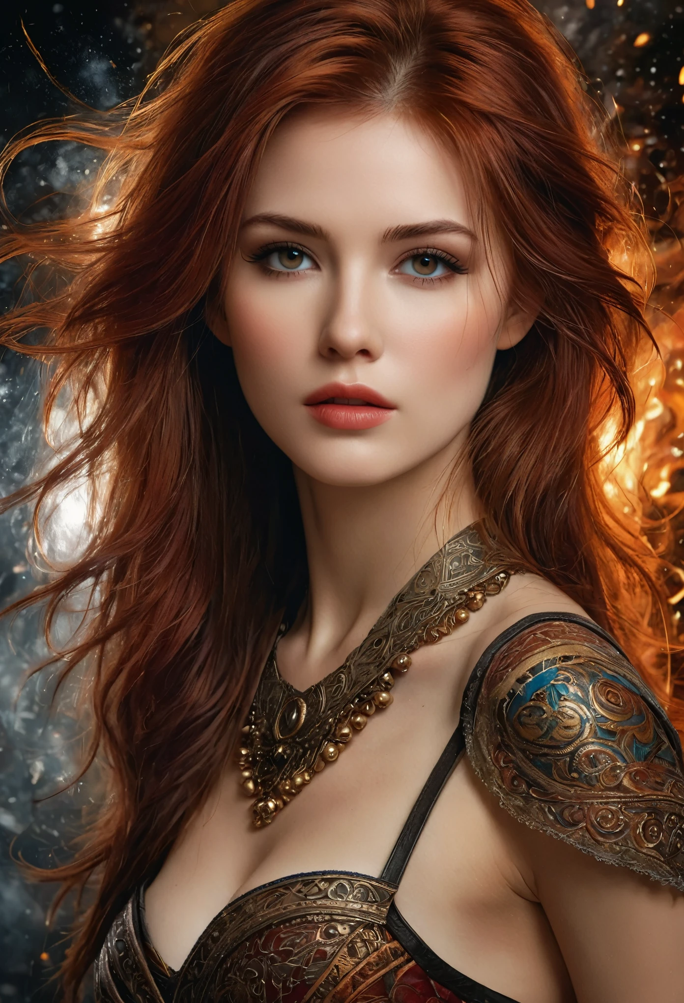 1girl, by Emily Kell and Luis Royo, 27 years old, official art, 8k wallpaper, full length, ultra detailed, beautiful and aesthetic, red hair, brown eyes, leather bust, skirt, A faint smile, masterpiece, best quality, realistic, extremely detailed, dynamic angle, (zentangle, mandala, tangle, entangle), the most beautiful form of chaos, elegant, a brutalist designed, vivid colors, romanticism, plasma flame