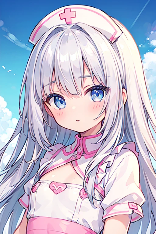 (best quality, masterpiece:1.2), ultra detailed, extremely detailed eyes and face, natural skin texture, detailed skin, natural lighting,
 chibi, 1 girl, 12-years-old, (cute),
 silver hair, middle hair, straight hair, shiny hair,
 blue eyes,
 flat chest,
 pink nurse costume,
 upper body,