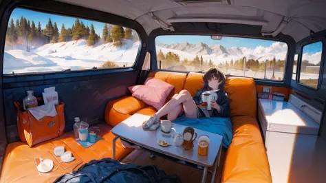 the lazy cat sleeps on the bed of the camping car in the snowy mountains. a cup of hot coffee on the table for a fresh morning.