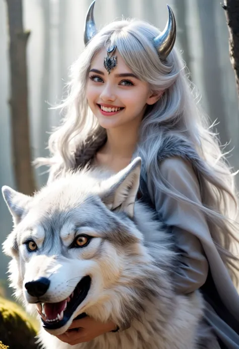 beautiful 8k ultra hd professional photos, sharp focus, in a stunning fantasy world, a cute silver-haired girl，there are real de...