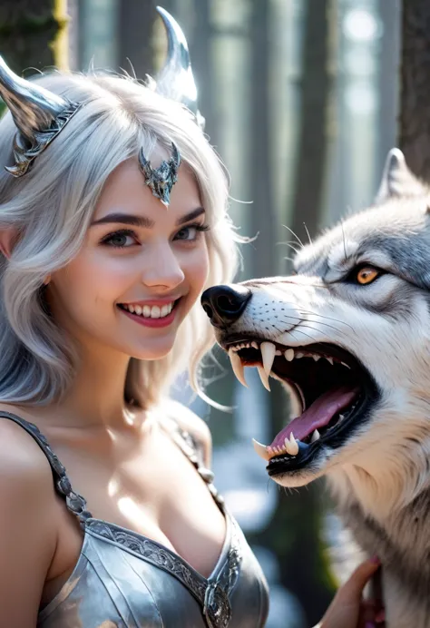 beautiful 8k ultra hd professional photos, sharp focus, in a stunning fantasy world, a cute silver-haired girl，there are real de...