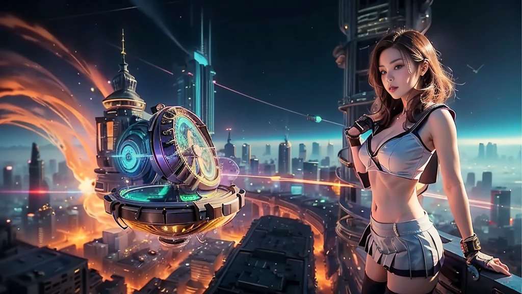 At night, (((aerial view of futuristic sci-fi cyberpunk city, skyscrapers, (((flying cars))), (vortex-spirit-spreading giant hologram (((clock tower))) as time machine), high quality))). Matrix style, (1girl, solo), photo realistic, (((large-breast:1.2 slim body, cleavage:1.3, perfect face, tube top, short pleated (((miniskirt)))))), (((((matrix style black (sunglasses), aiming at viewer with a (mini rifle):0.3))))), (((dynamic pose, half-body (thigh level) medium shot))), cinematic lighting.